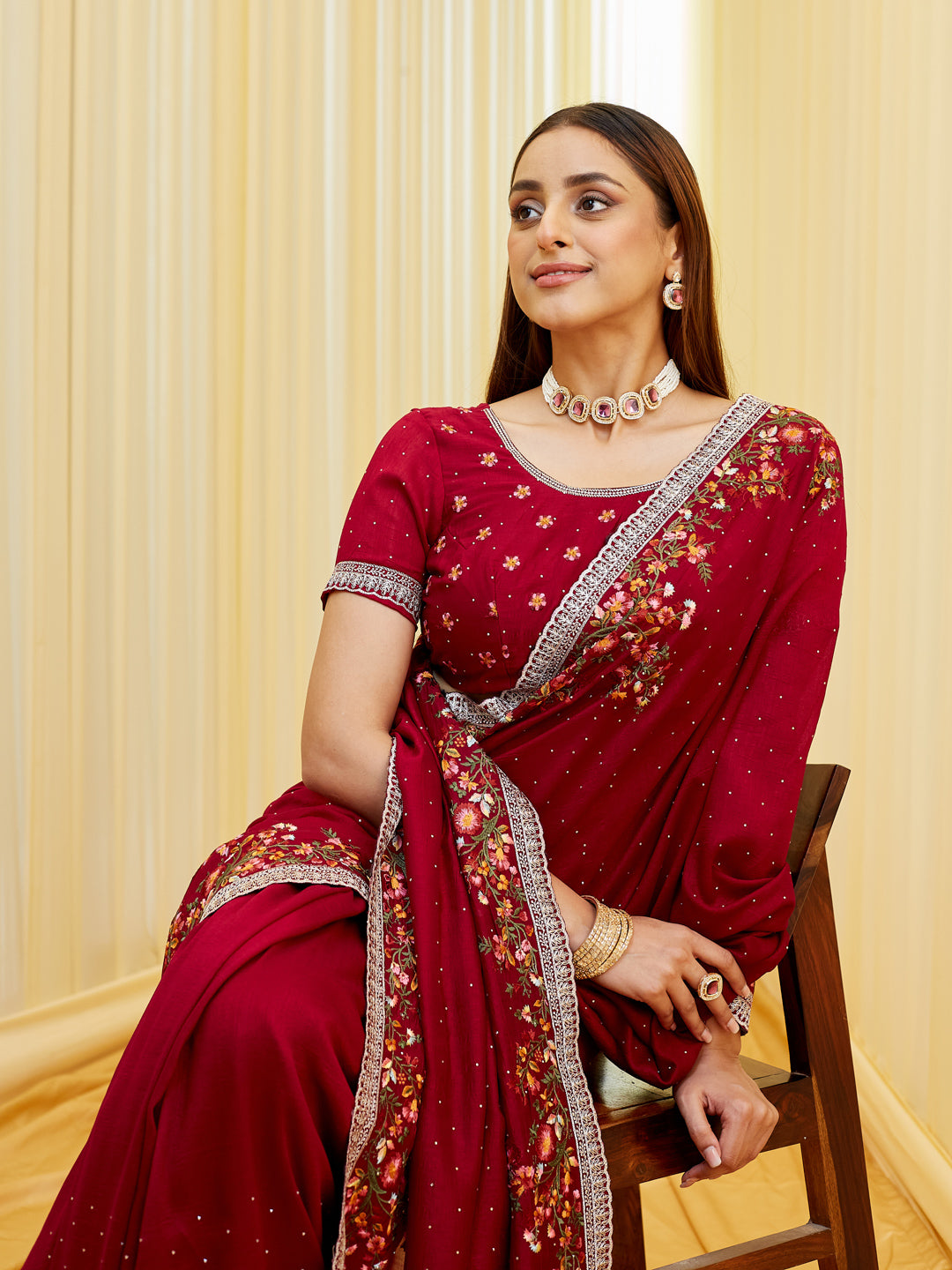 KASEE Women's Wine Silk Saree with Multicolor Floral Embroidery & Silver Border