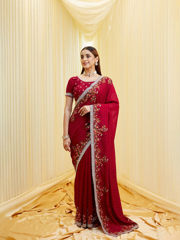 KASEE Women's Wine Silk Saree with Multicolor Floral Embroidery & Silver Border