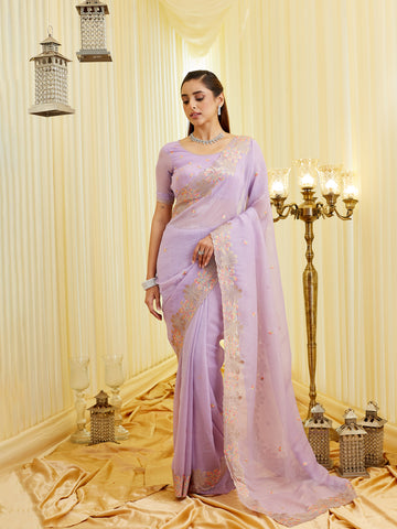 KASEE Women's Lavender Silk Saree with Floral Embroidered Border