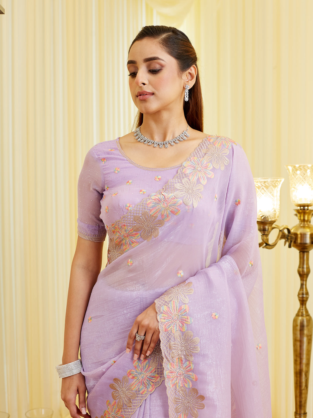 KASEE Women's Lavender Silk Saree with Floral Embroidered Border