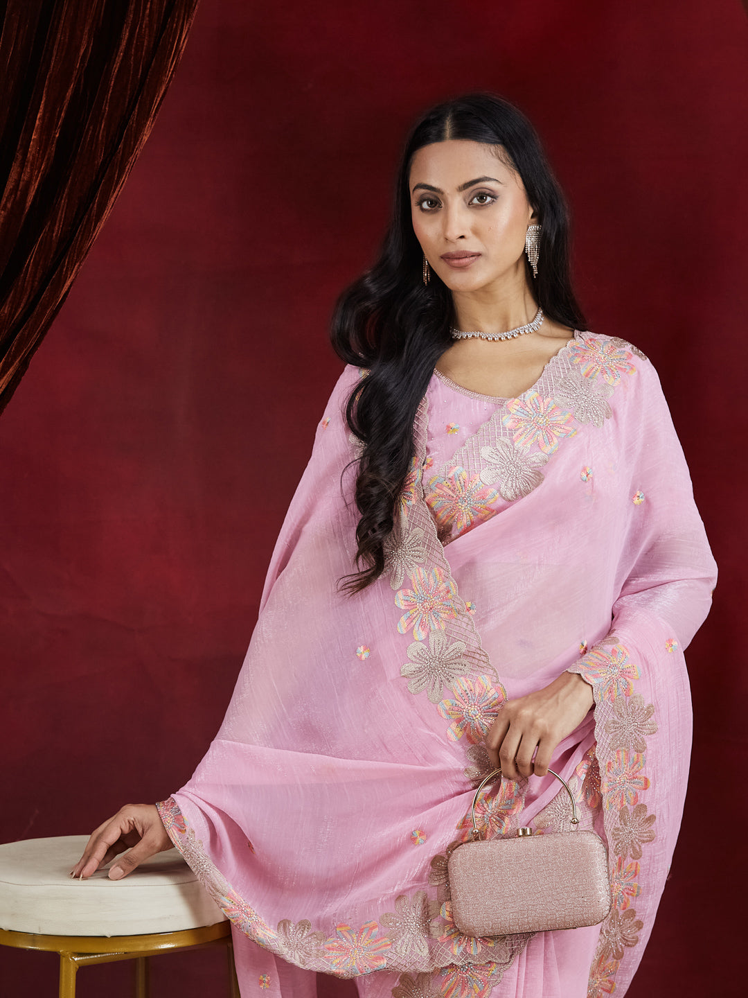 KASEE Women's Pink Silk Saree with Floral Embroidered Border
