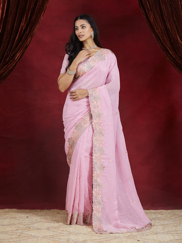KASEE Women's Pink Silk Saree with Floral Embroidered Border
