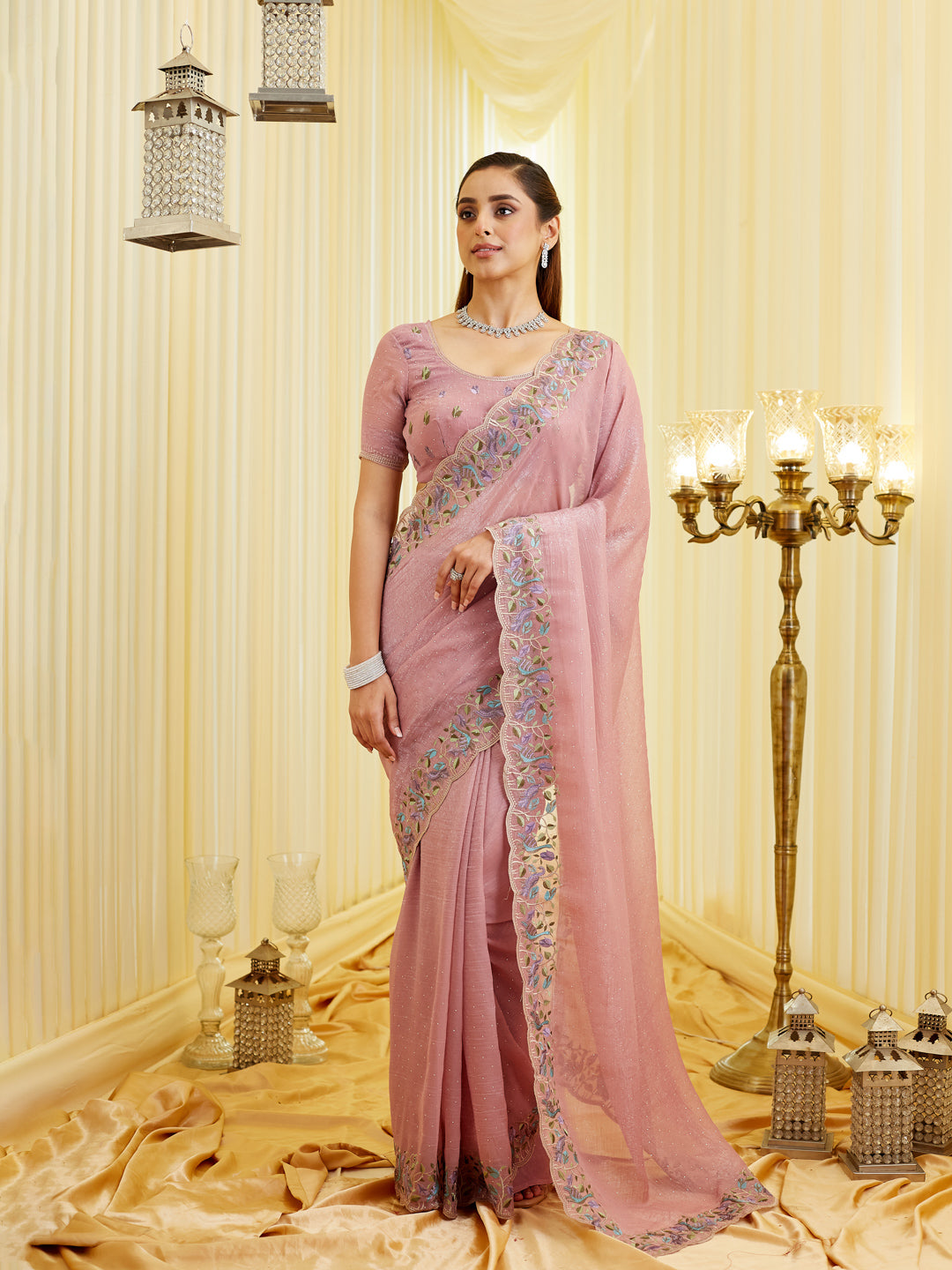 KASEE Women's Pyazi silk Saree with Floral Embroidered Border
