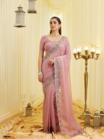 KASEE Women's Pyazi silk Saree with Floral Embroidered Border