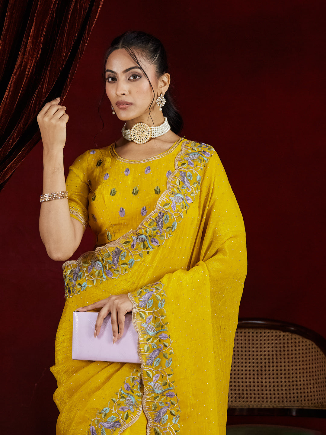 KASEE Women's Mustard silk Saree with Floral Embroidered Border
