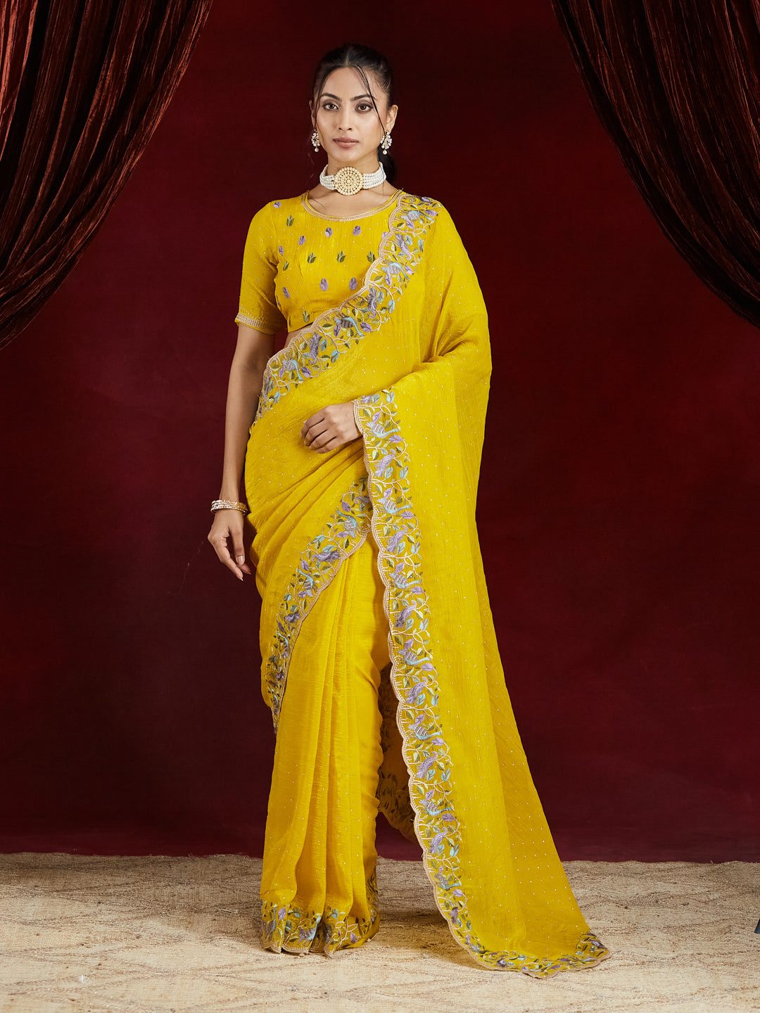 KASEE Women's Mustard silk Saree with Floral Embroidered Border