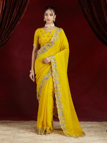 KASEE Women's Mustard silk Saree with Floral Embroidered Border