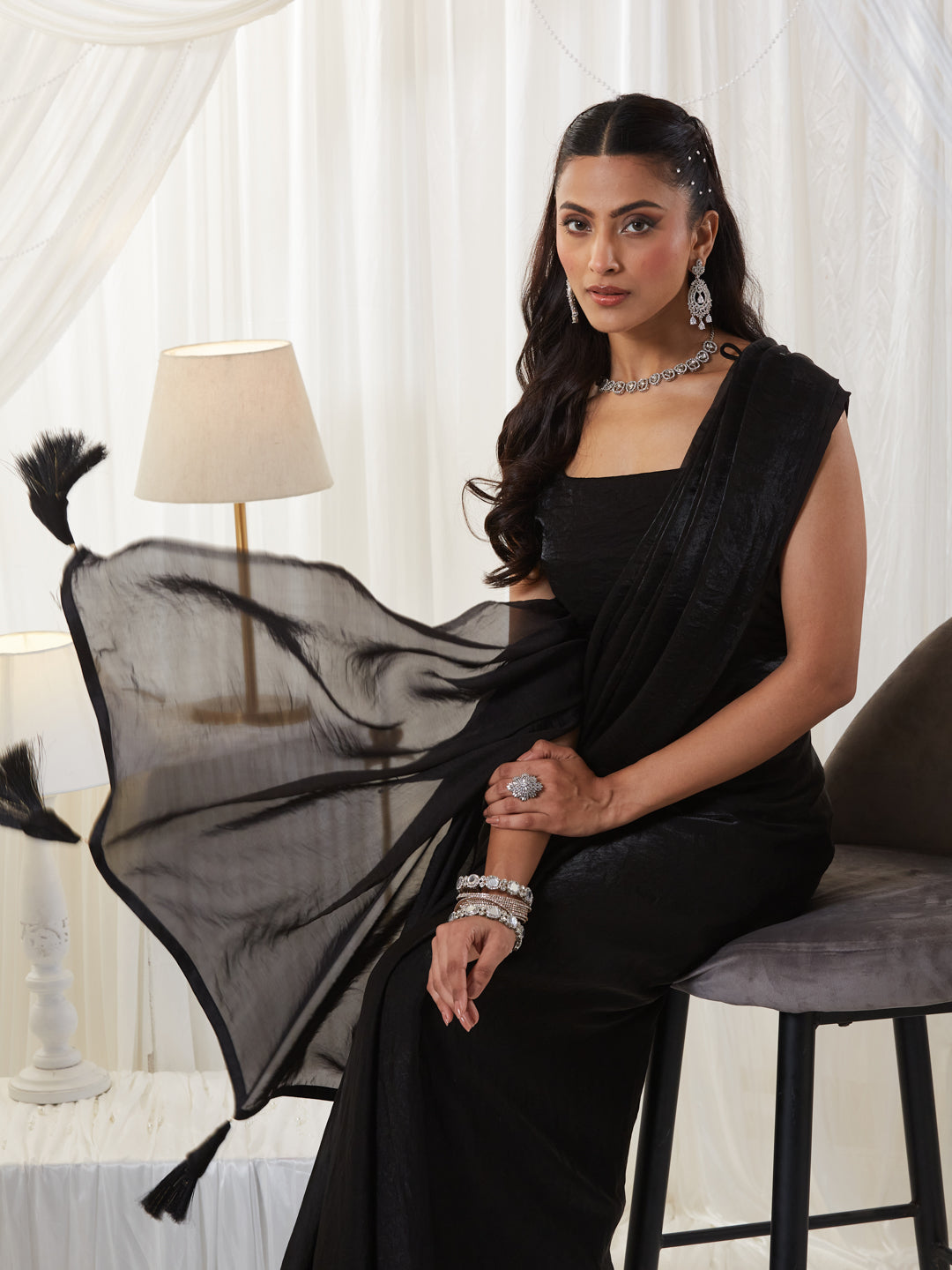 KASEE Women's Black Luxe Shimmer Silk Blend Saree