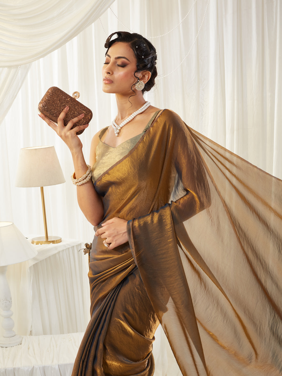 KASEE Women's Coffee Luxe Shimmer Silk Blend Saree