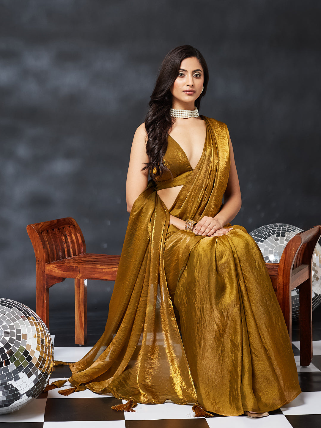 KASEE Women's Gold Luxe Shimmer Silk Blend Saree