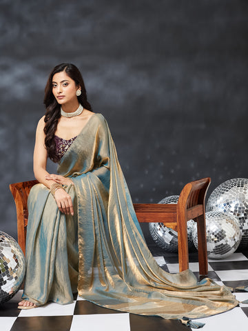 KASEE Women's Teal Luxe Shimmer Silk Blend Saree