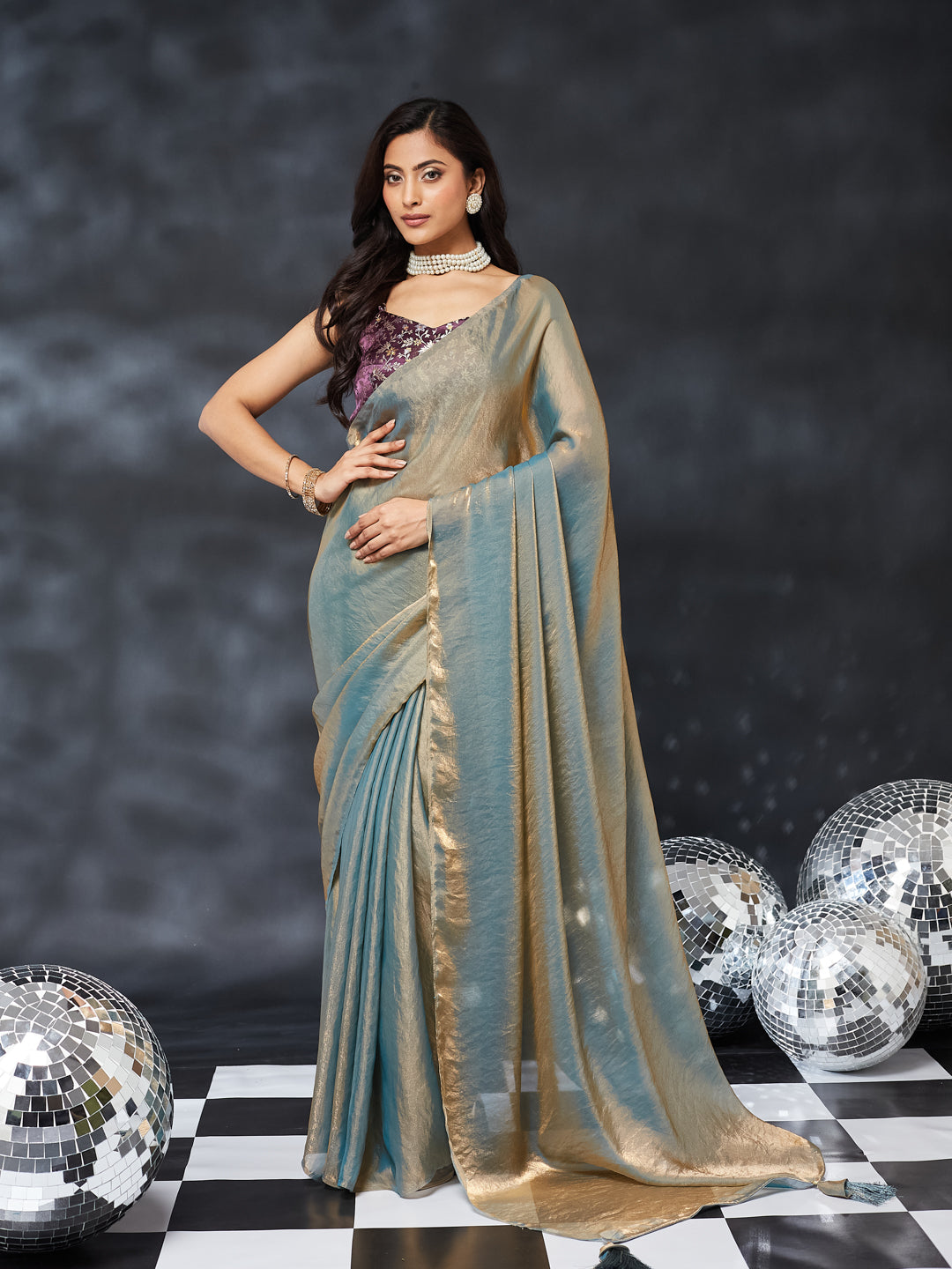 KASEE Women's Teal Luxe Shimmer Silk Blend Saree