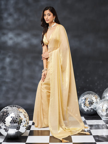 KASEE Women's Yellow Luxe Shimmer Silk Blend Saree
