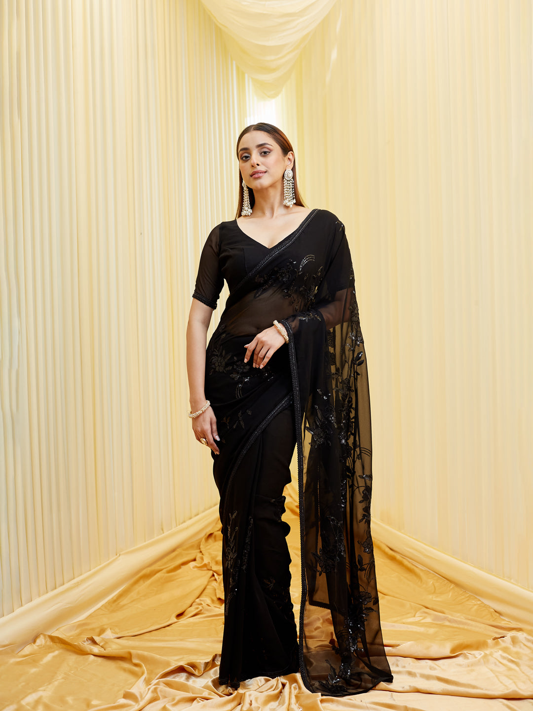 KASEE Women's Black Pure Georgette Floral Embroidered Saree