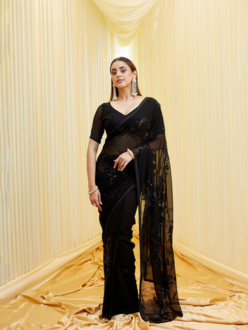 KASEE Women's Black Pure Georgette Floral Embroidered Saree