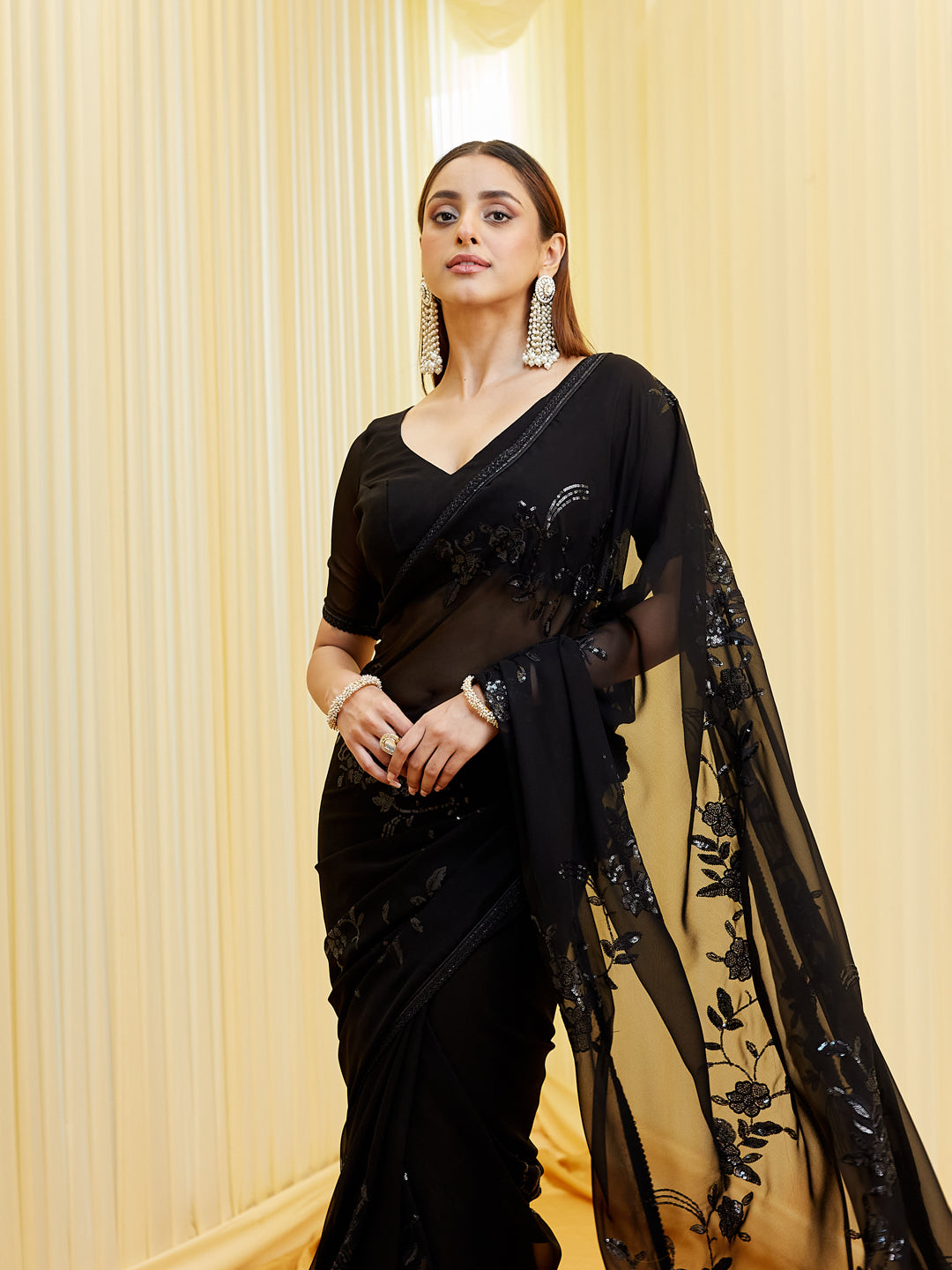 KASEE Women's Black Pure Georgette Floral Embroidered Saree