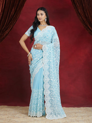 KASEE Women's Blue Chiffon Saree with White Floral Embroidered Border
