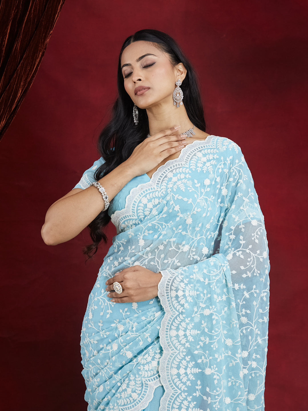KASEE Women's Blue Chiffon Saree with White Floral Embroidered Border