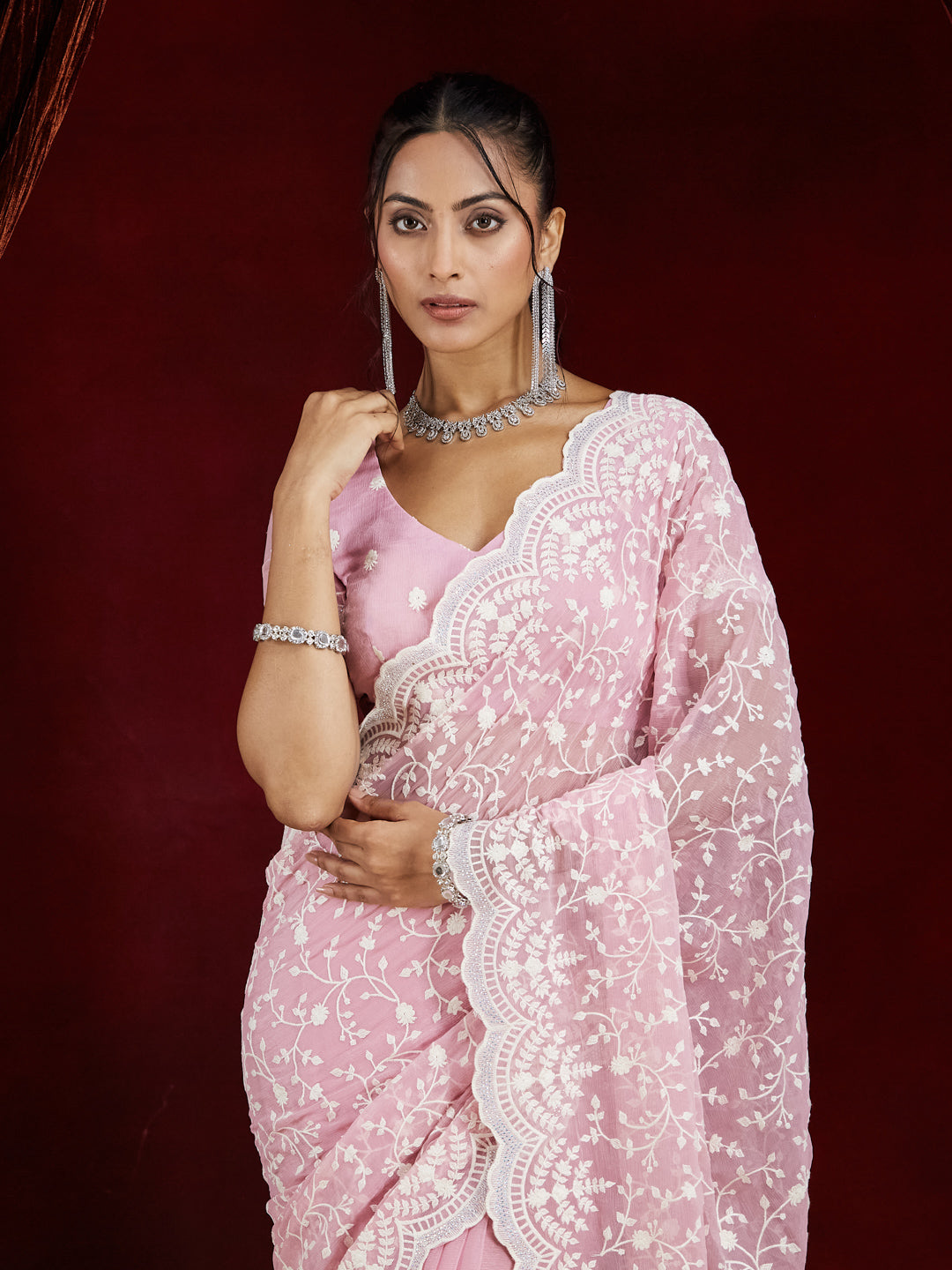 KASEE Women's Pink Chiffon Saree with White Floral Embroidered Border