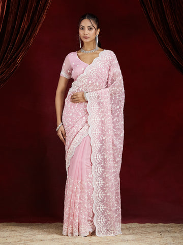 KASEE Women's Pink Chiffon Saree with White Floral Embroidered Border