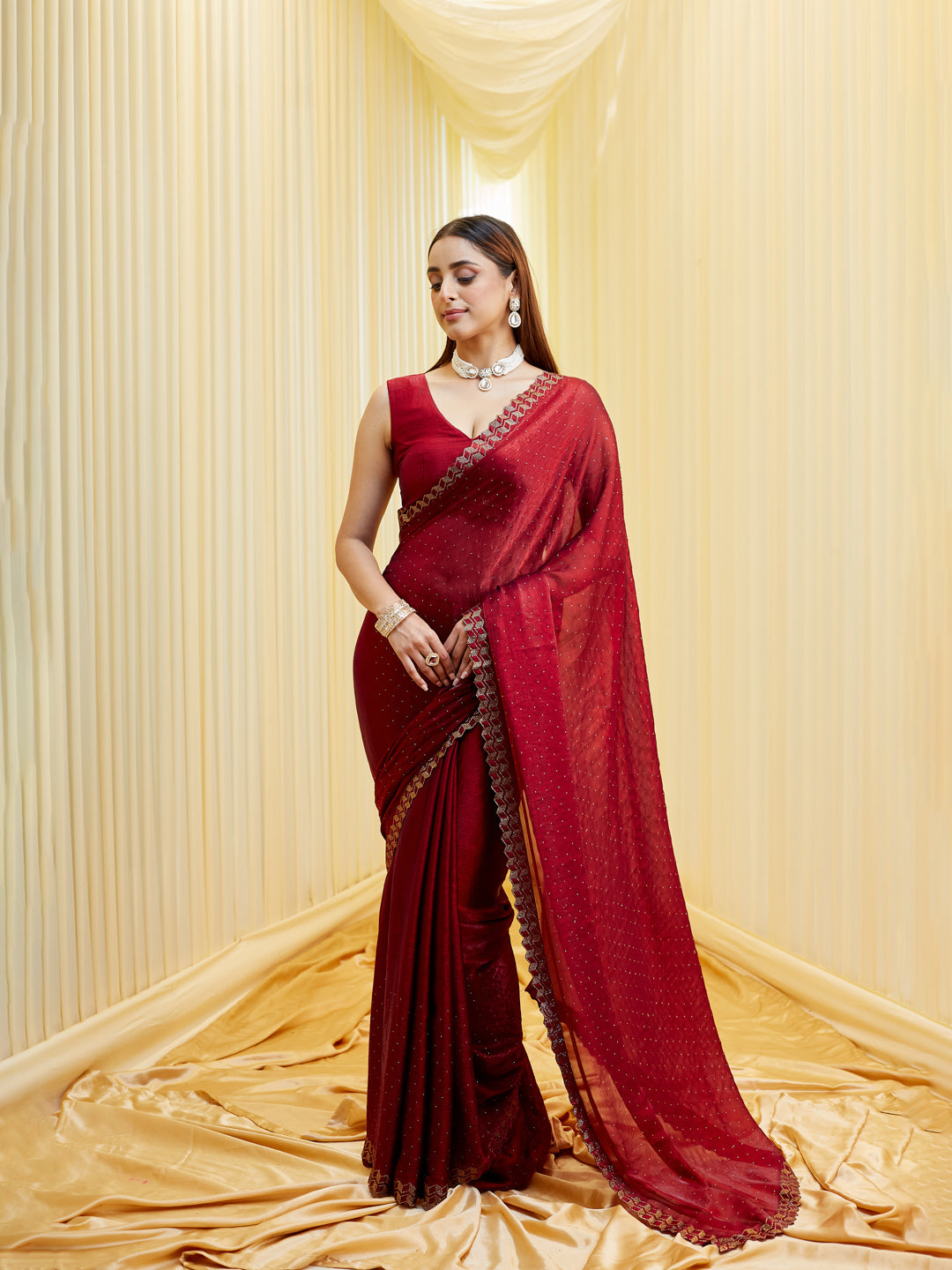 KASEE Women's Maroon Silk Blend Embellished Saree
