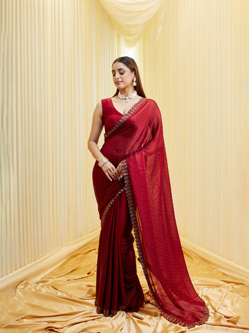 KASEE Women's Maroon Silk Blend Embellished Saree