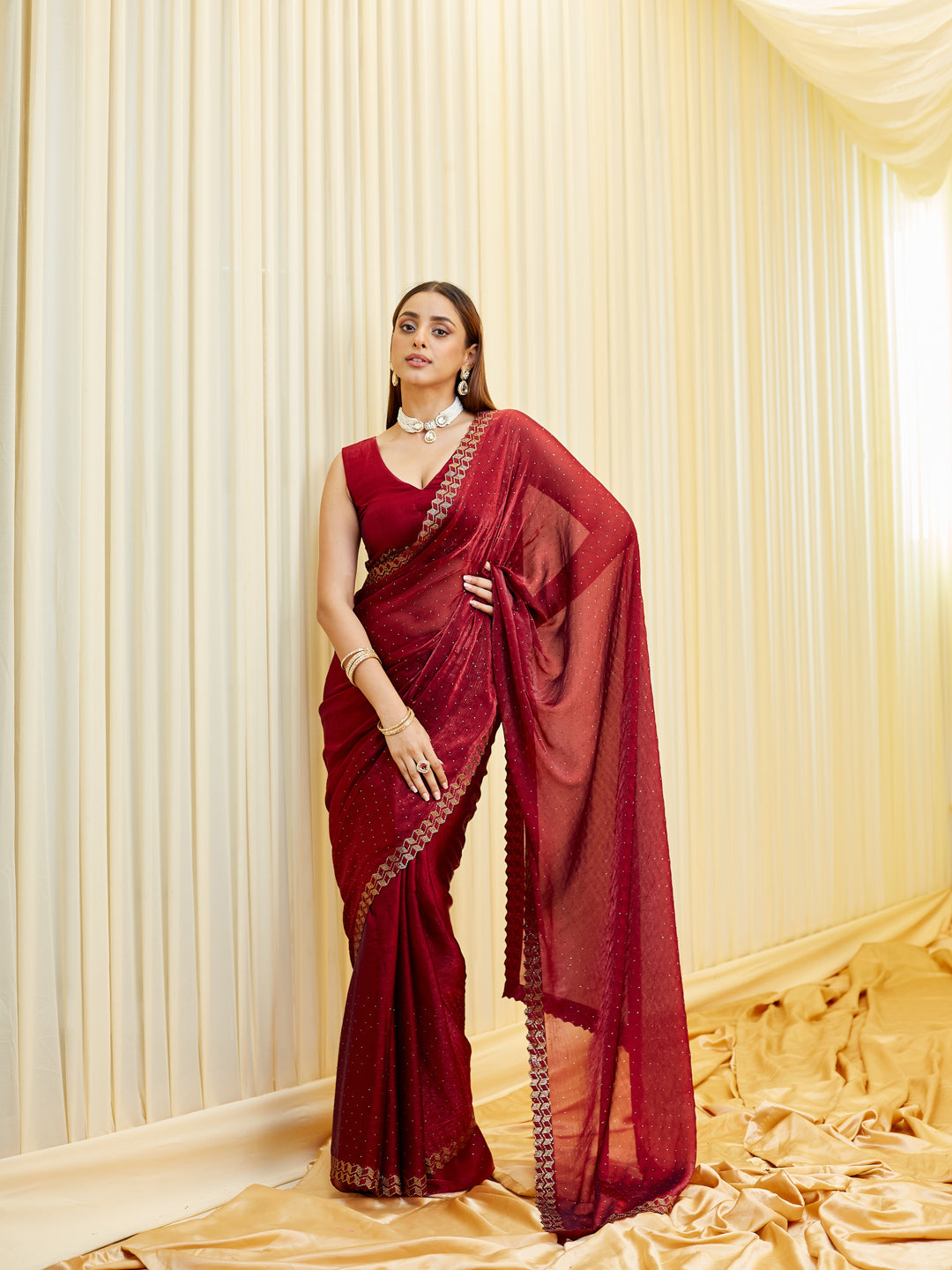 KASEE Women's Maroon Silk Blend Embellished Saree