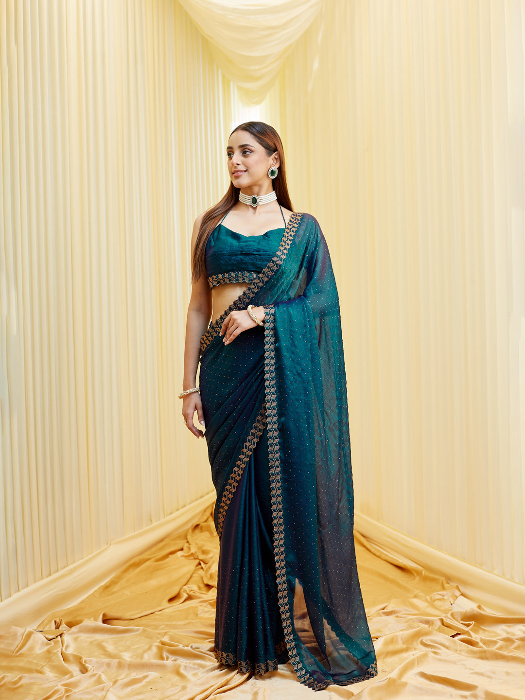 KASEE Women's Blue Silk Blend Embellished Saree