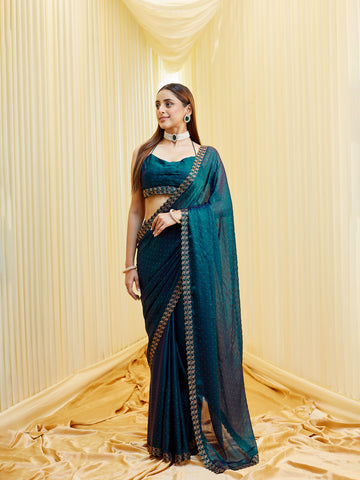 KASEE Women's Blue Silk Blend Embellished Saree