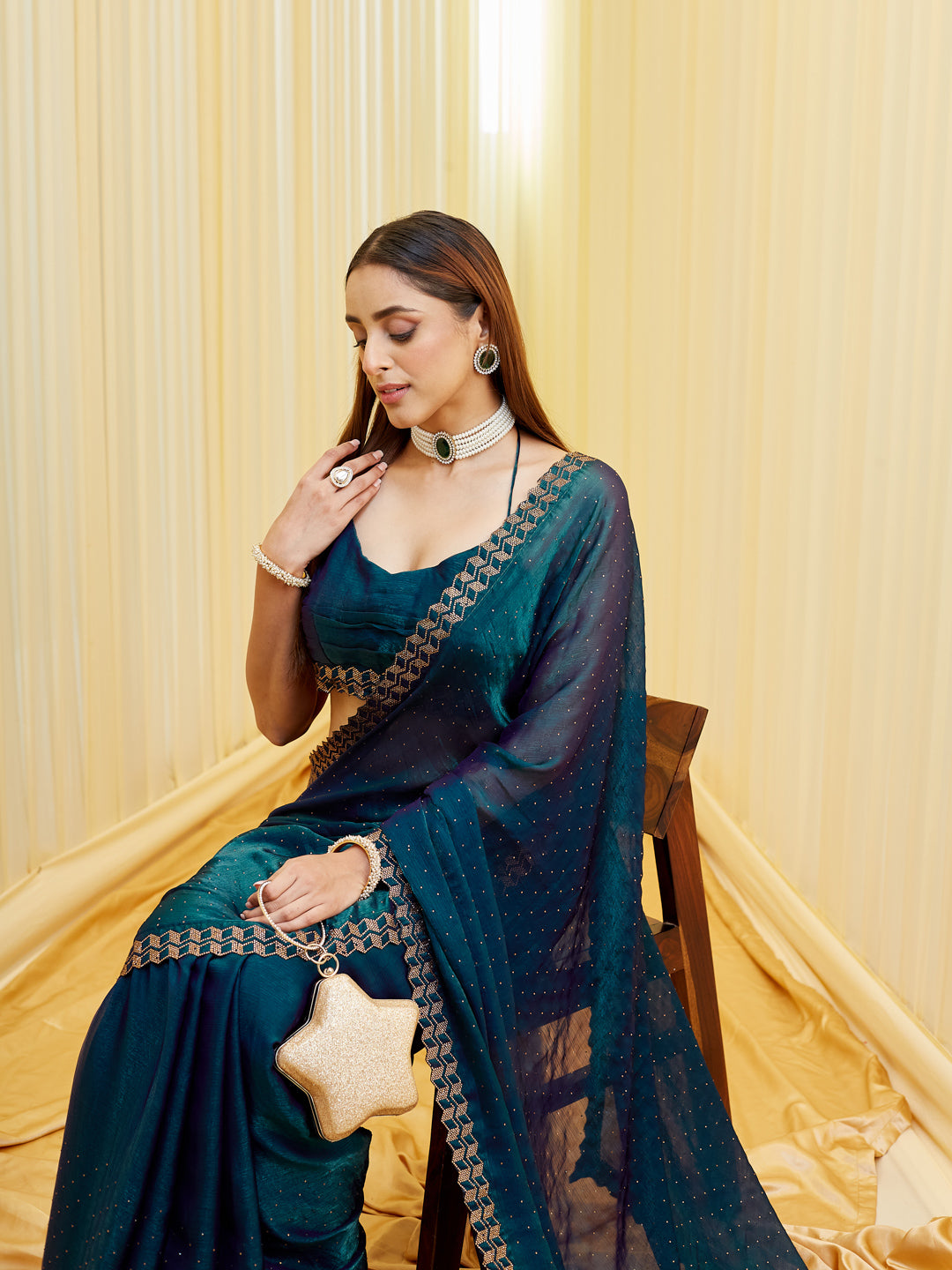 KASEE Women's Blue Silk Blend Embellished Saree