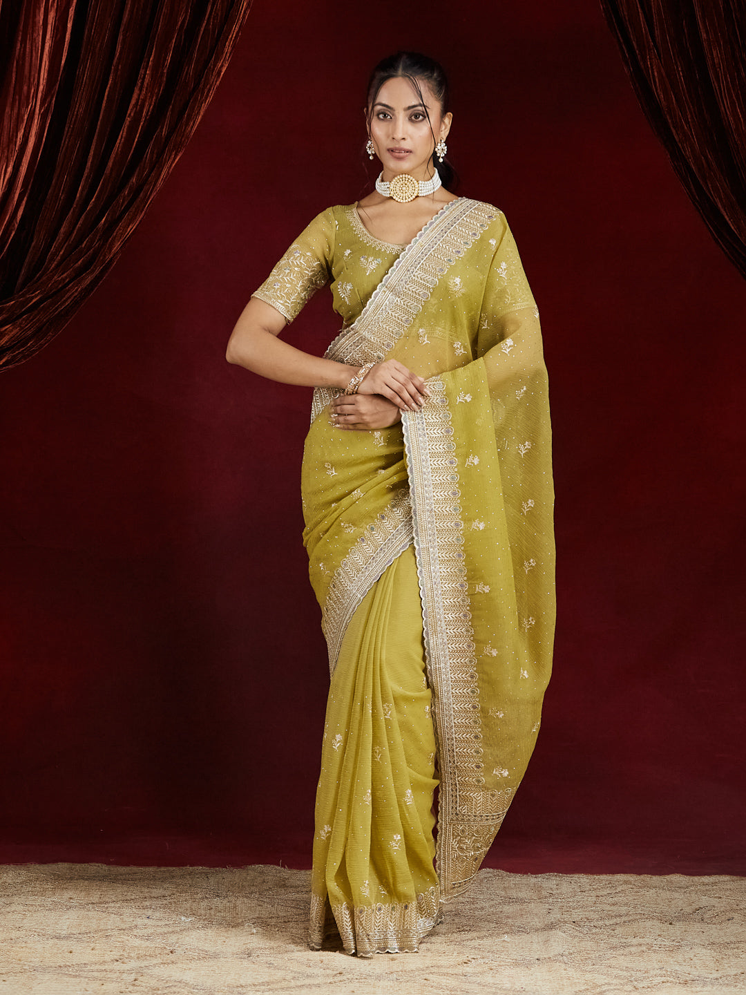 KASEE Women's Olive Green silk Zari Embroidered Saree
