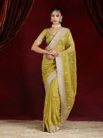 KASEE Women's Olive Green silk Zari Embroidered Saree
