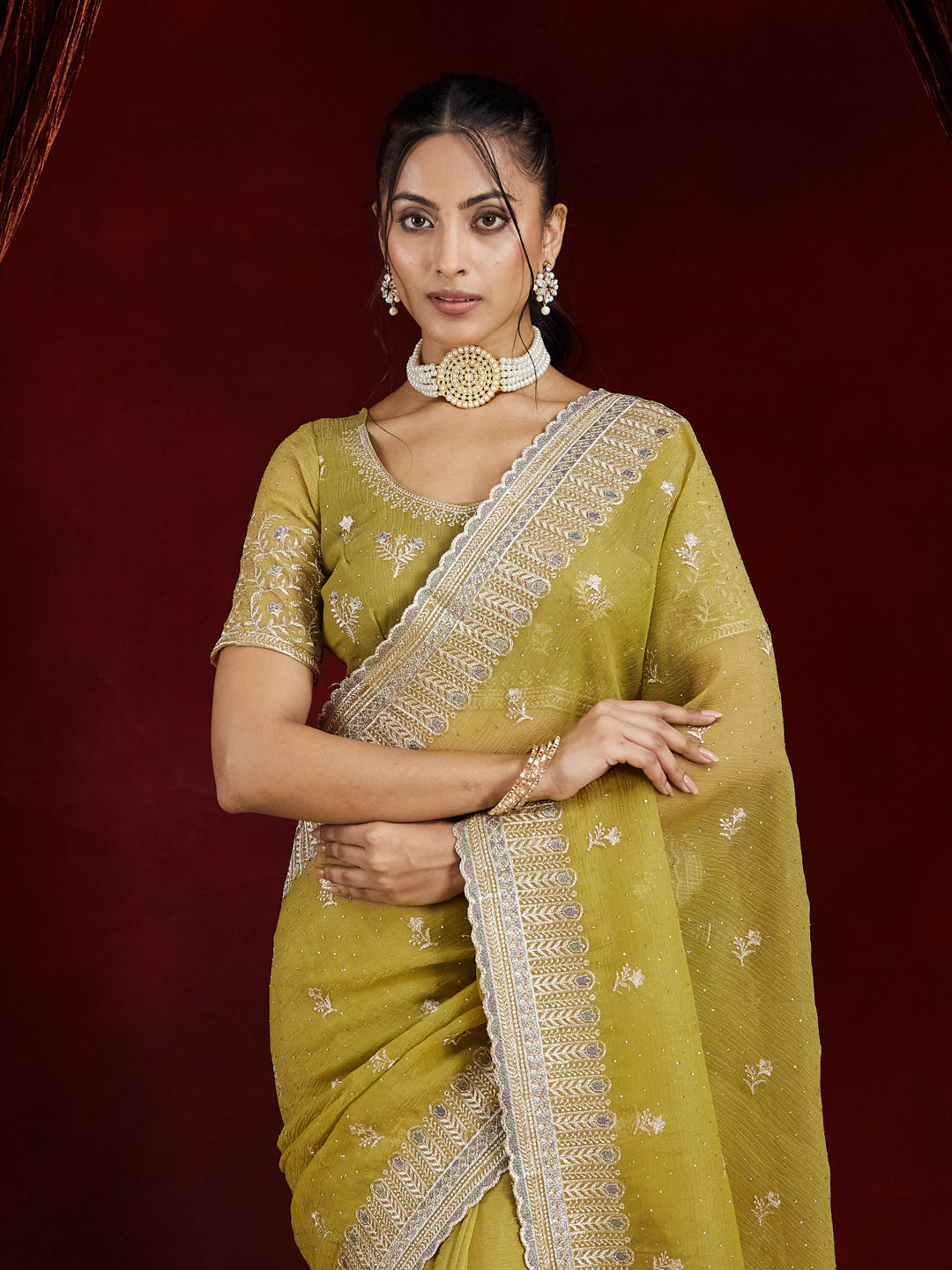 KASEE Women's Olive Green silk Zari Embroidered Saree