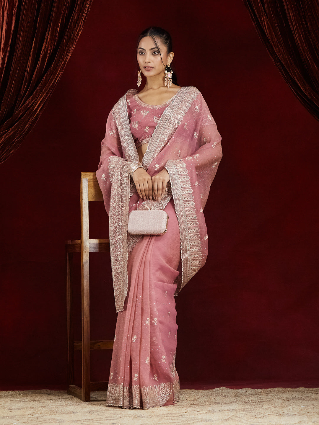 KASEE Women's Dusty Pink Silk Zari Embroidered Saree