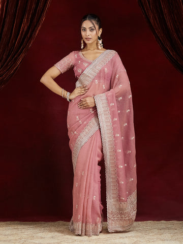 KASEE Women's Dusty Pink Silk Zari Embroidered Saree