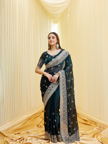 KASEE Women's Bottle Green Embroidered Saree with Heavy Silver Zari Border