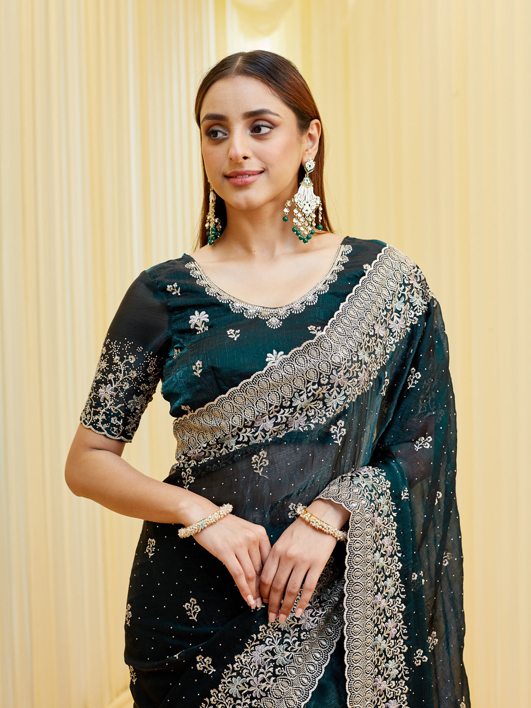 KASEE Women's Bottle Green Embroidered Saree with Heavy Silver Zari Border