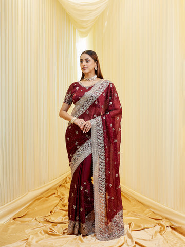 KASEE Women's Wine Embroidered Saree with Heavy Silver Zari Border