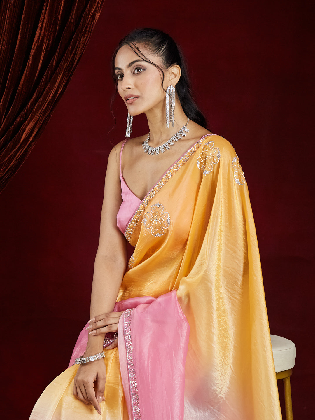 KASEE Women's Yellow to Pink Ombre Organza Saree with Silver Embroidered Border