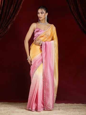 KASEE Women's Yellow to Pink Ombre Organza Saree with Silver Embroidered Border