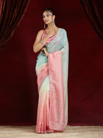 KASEE Women's Pastel Green to Pink Floral Embroidered Motifs Ombre Organza Saree