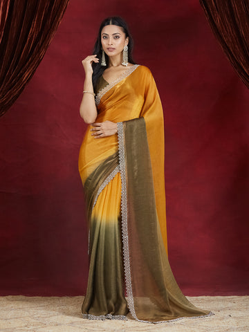 KASEE Women's Mustard Yellow to Olive Green Ombre Silk Saree