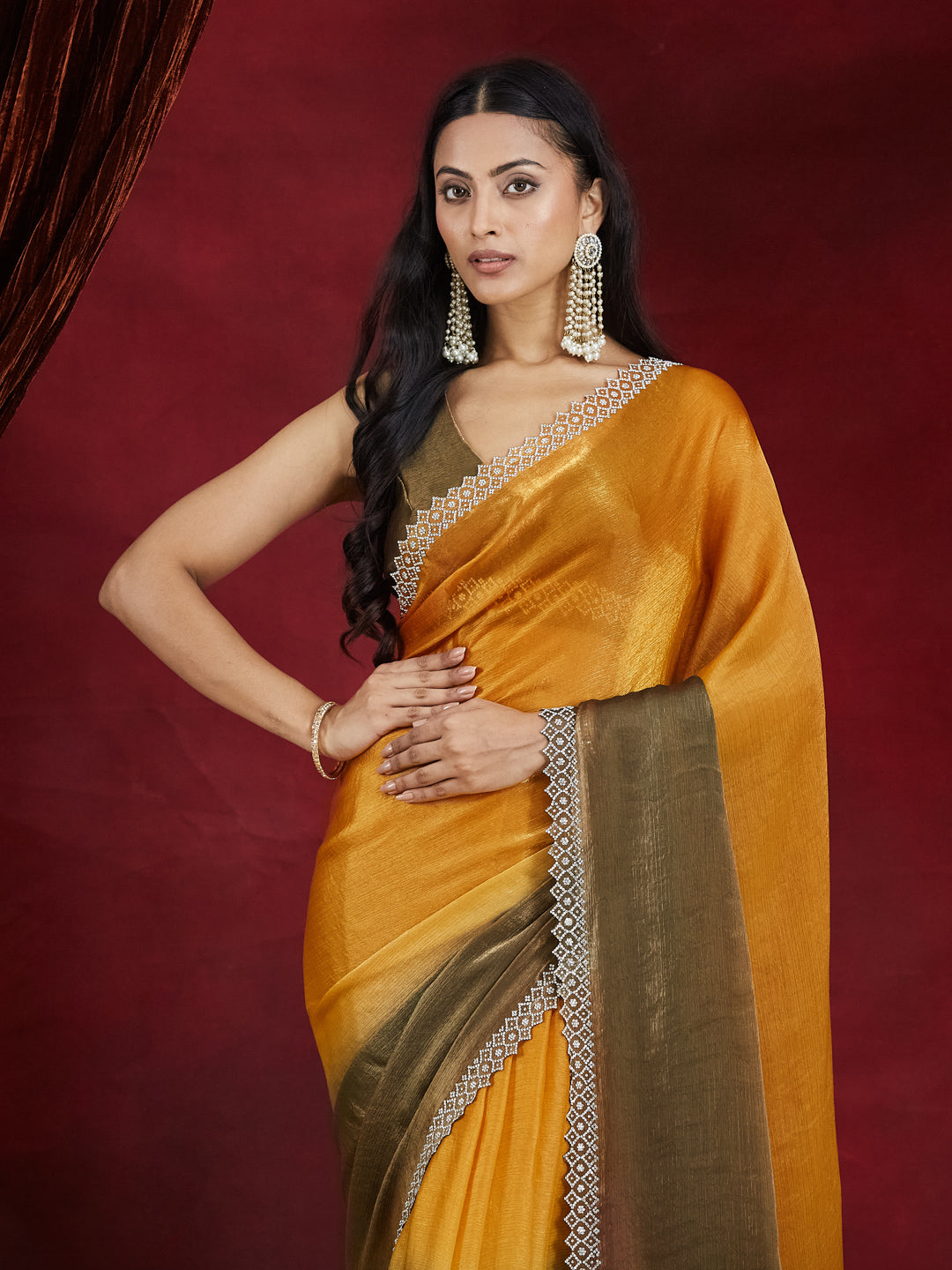 KASEE Women's Mustard Yellow to Olive Green Ombre Silk Saree