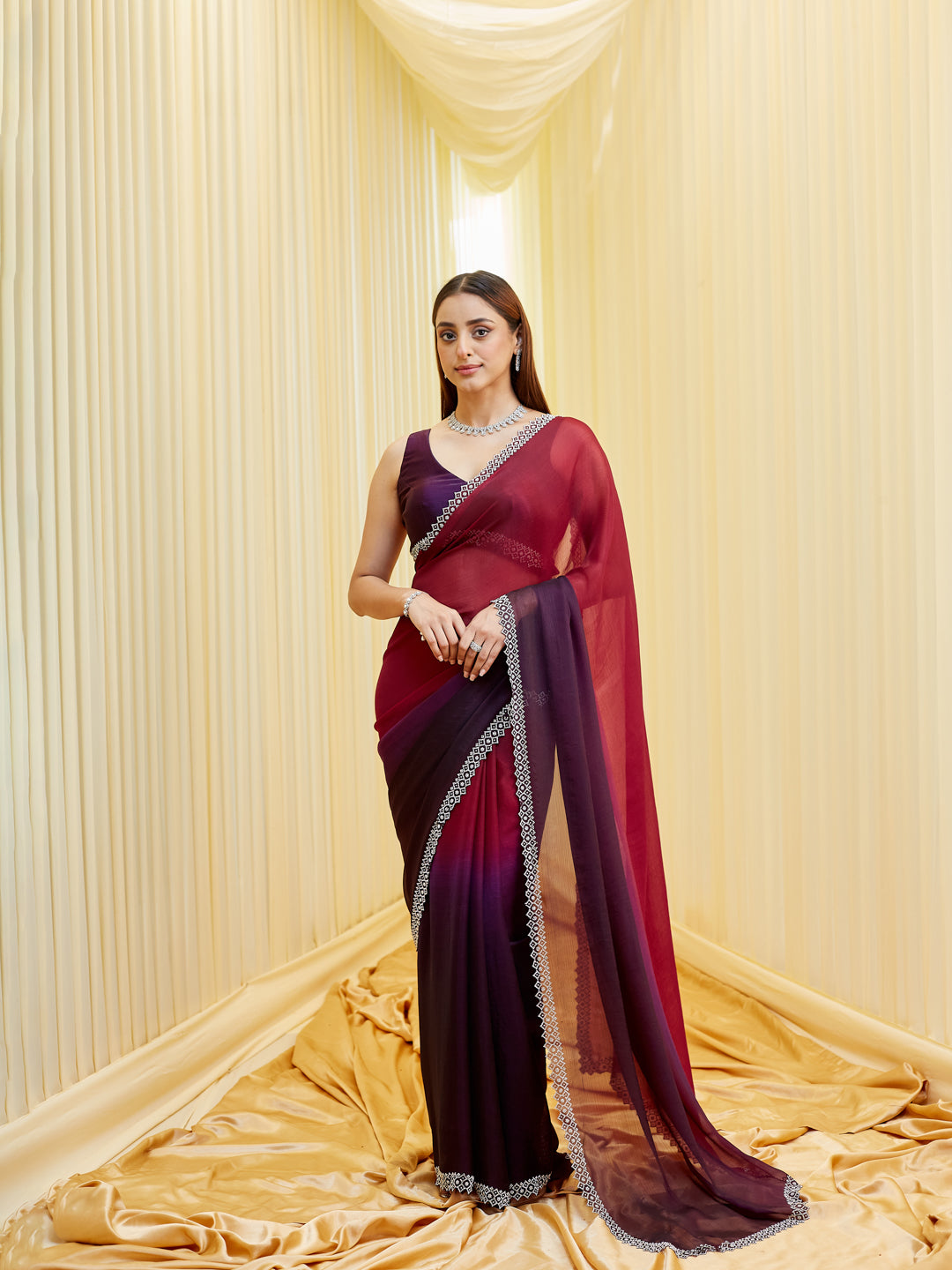 KASEE Women's Maroon to Purple Ombre Silk Saree