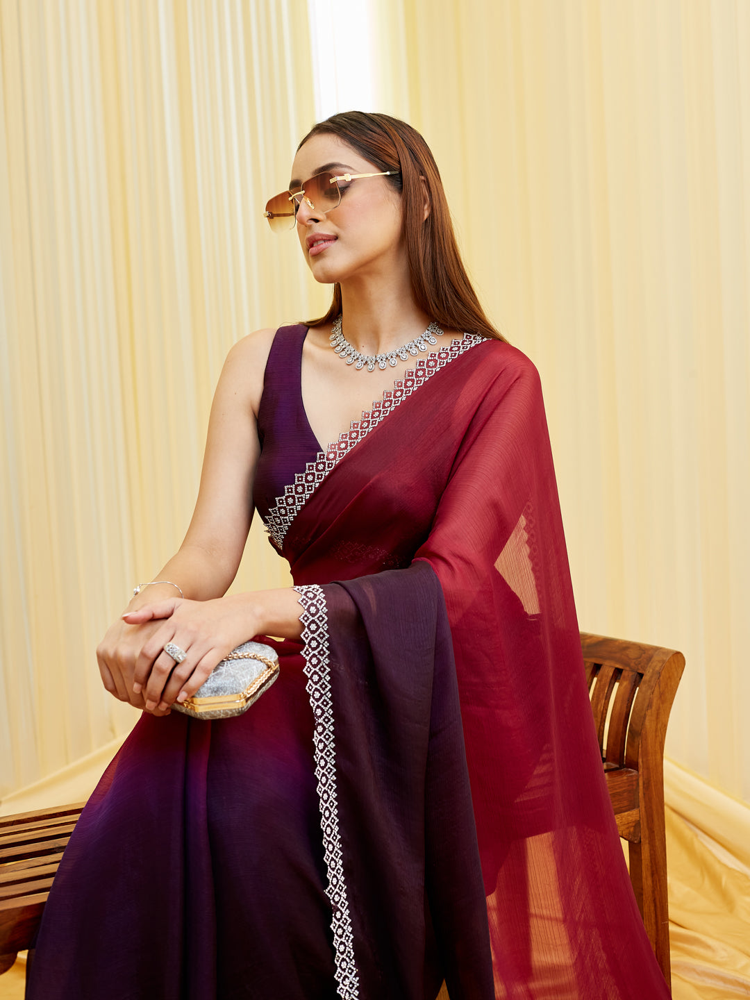 KASEE Women's Maroon to Purple Ombre Silk Saree