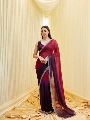 KASEE Women's Maroon to Purple Ombre Silk Saree