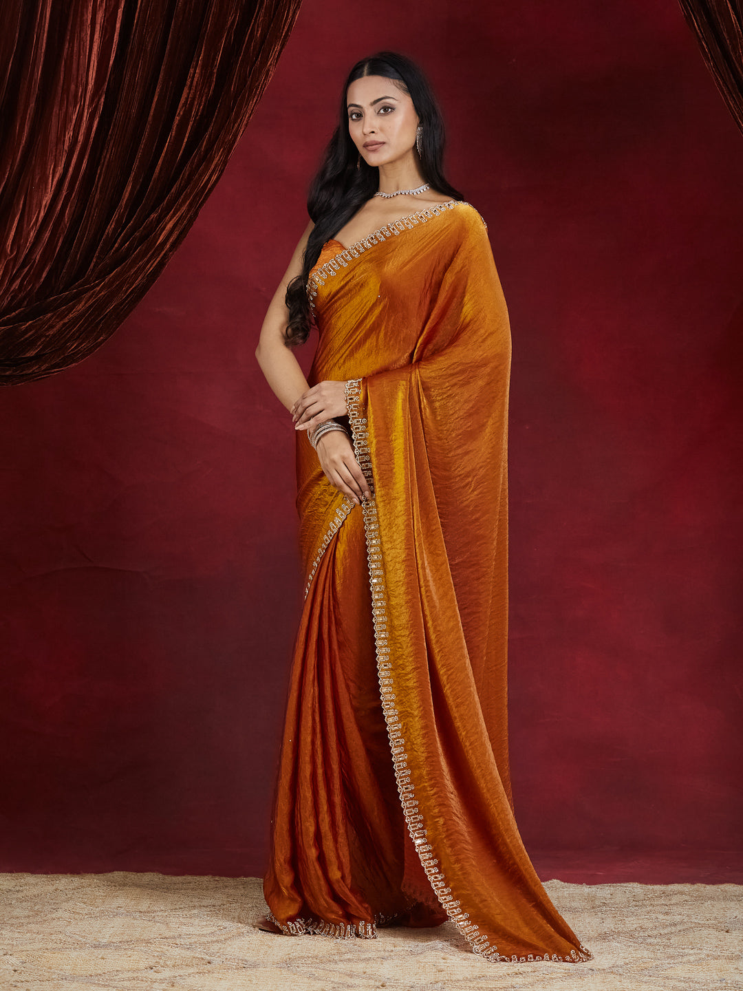 KASEE Women Mustard Pure Silk Saree with Diamond Cut Stone Embellished Border