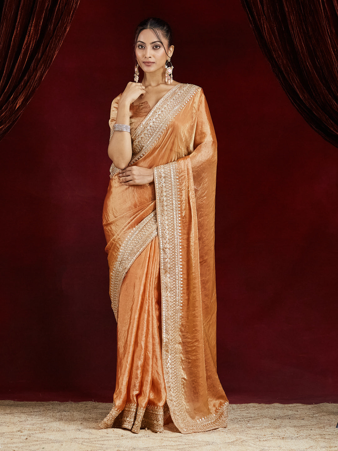 KASEE Women Gold Pure Silk Saree with Heavy Mirror & Zari Embroidered Border