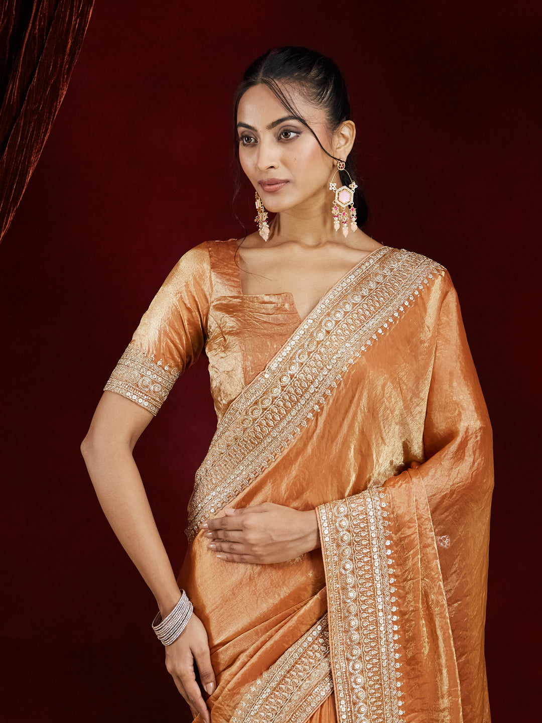 KASEE Women Gold Pure Silk Saree with Heavy Mirror & Zari Embroidered Border