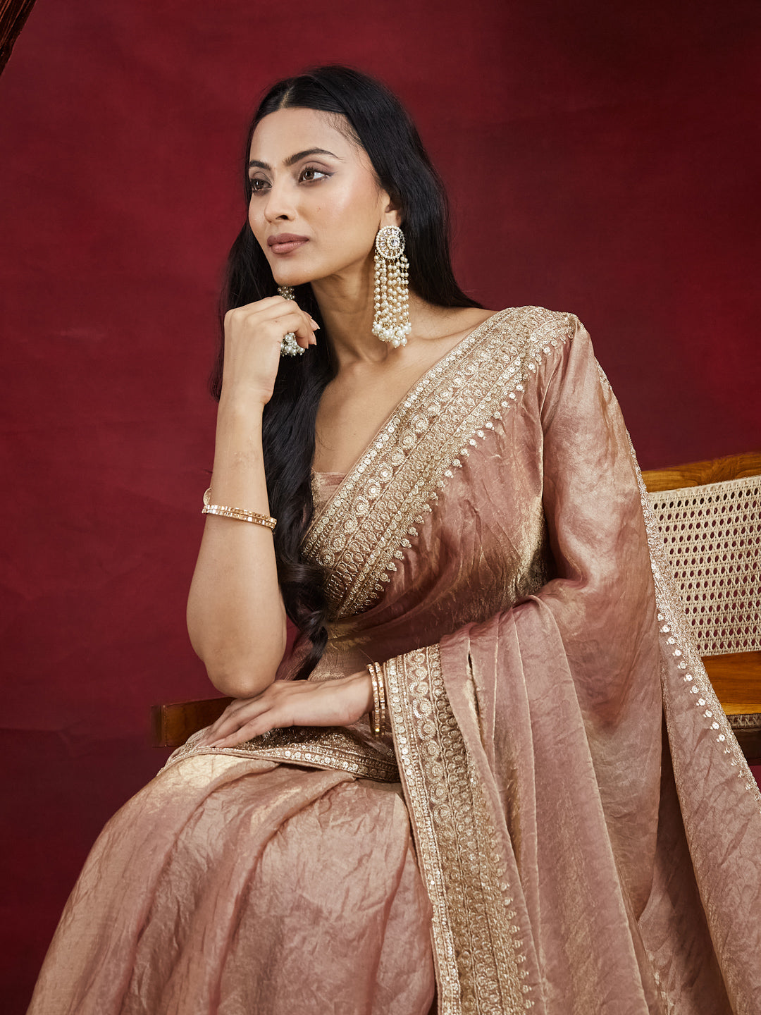 KASEE Women Peach Pure Silk Saree with Heavy Mirror & Zari Embroidered Border